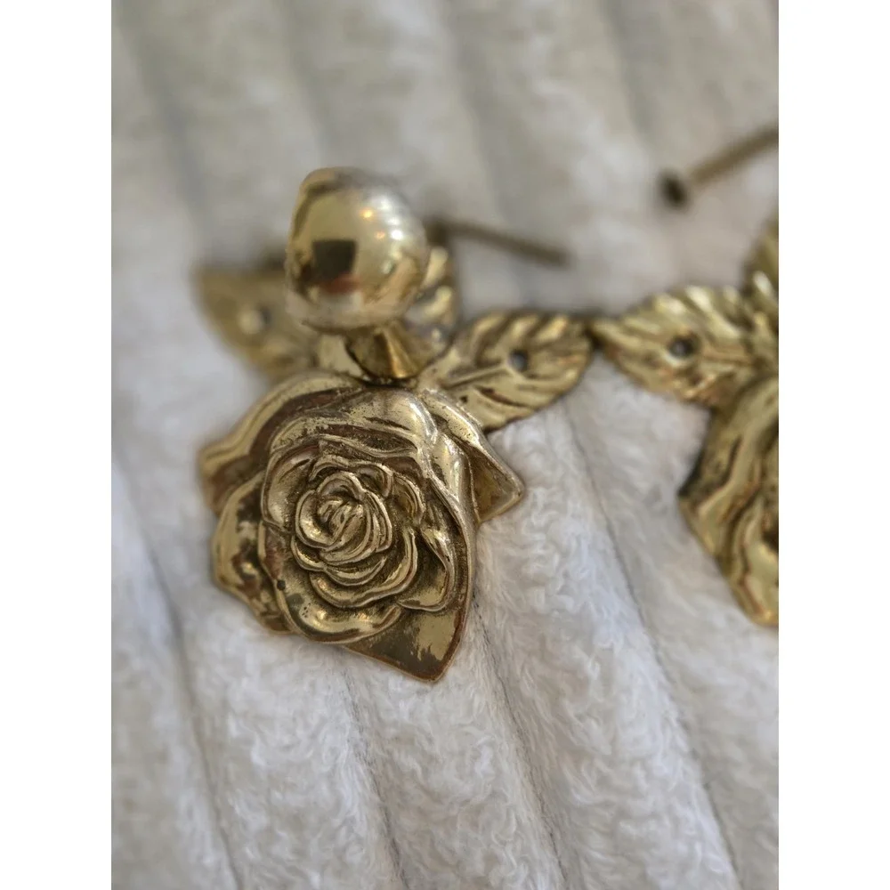Pair Brass Curtain Rid Finials Or Tiebacks Drapery Rose Design With Screws